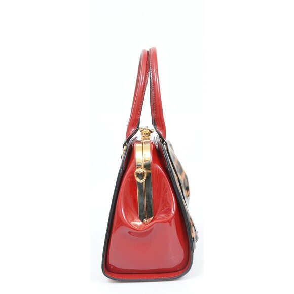 Lipstick Red Shiny Leopard Bow Chunky Diamond Closure Handbag Purse Crossbody - Picture 4 of 11